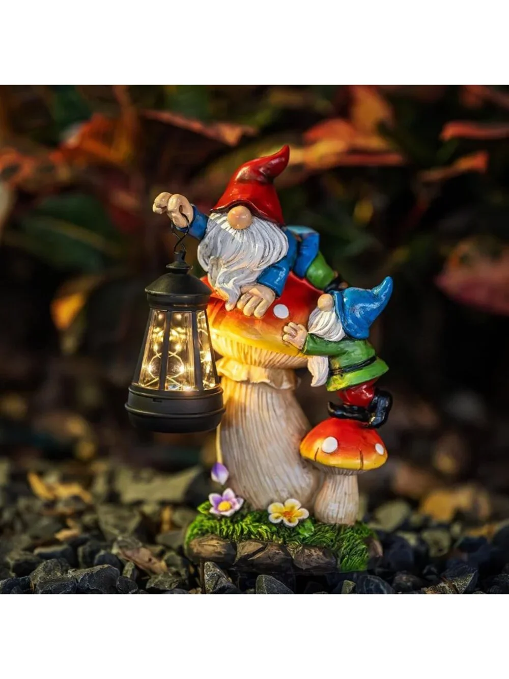 Solar Garden Gnome Statue with Lantern | Waterproof Mushroom Decor | LED Yard